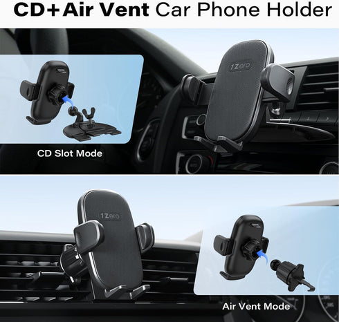 1Zero Easy One-Button Release CD Phone Holder for Car, Universal Air Vent & CD Slot Phone Mount, Thick Cases Friendly