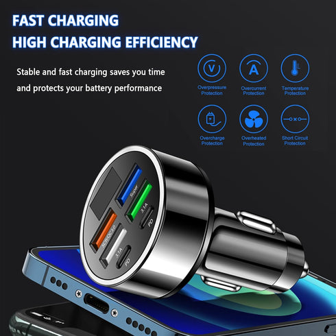 6 Ports Fast Car Charger with Voltage Monitor, USB Charger Compatible with iPhone 13/14/15 & Most Android Models