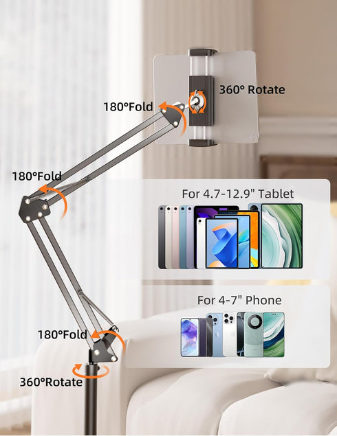TabHolderix 4.5LB Tablet Floor Stand with Heavy Metal Base,Overhead Bed Phone Stand Angle Height Adjustable Holder