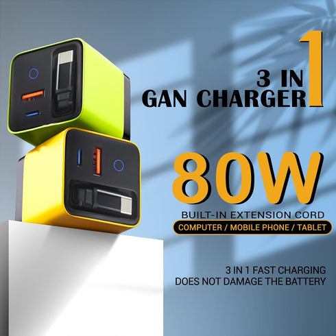 WoTeReVo 80W 3-in-1 2 3.0 4.0 15/16/17, GaN Fast Charger with Retractable USB-C Cable Wall Charger Block with Built