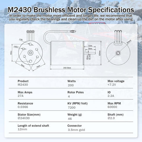 Surpass Hobby USA 2430 7200KV 2mm 1/16 1/18 SurpassHobby Brushless Motor Shaft High Speed Waterproof Motor