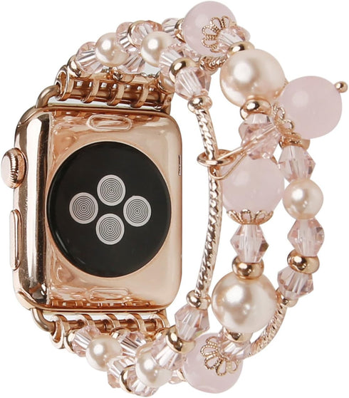 GEMEK Compatible Apple Watch Band 38/40/41mm, Rose Gold Women Pearl Bracelet Strap (Pink)