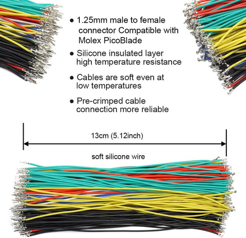 1.25mm Male and Female Connectors Socket and Plug with Pre-crimped Cables for JST Molex PicoBlade 1.25, 13cm Wire