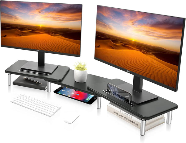 suptek Dual Monitor Laptop Stand Riser, Adjustable Length and Angle, Office Desktop Organizer for 2 Monitors (MST023)