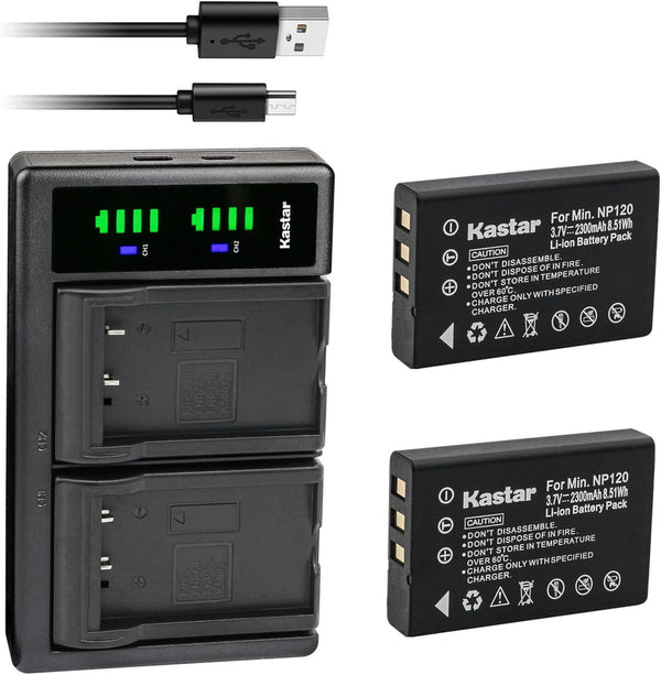Kastar 2-Pack Battery and LTD2 USB Charger for Fujifilm NP-120, NP-120B, PENTAX D-LI7, RICOH DB-43
