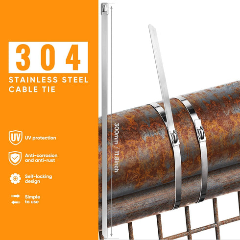Stainless Steel Cable Tie Gun, Tool for Fastening and Cutting Metal Cable Ties, 150pcs 11.8in UV Resistant Ties