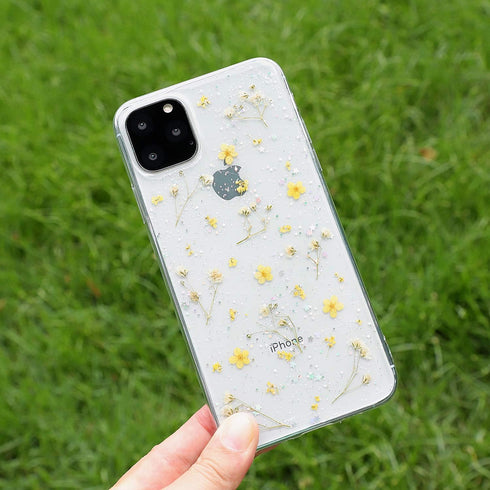 iPhone 15 Plus Flower Case: Soft Clear Rubber with Real Flowers, Glitter Floral Design, Yellow Cover for Girls.