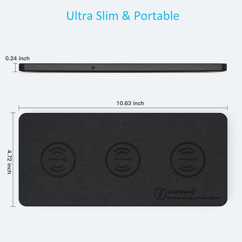 ZealSound Wireless Charging Pad, Ultra-Slim Triple Charger Station for 3 Devices & New Airpods, Black PU Leather