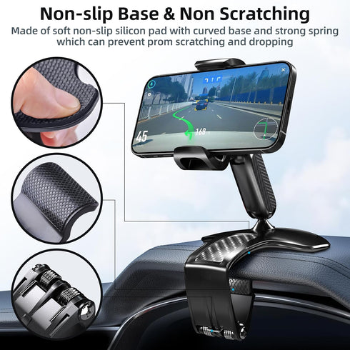 FONKEN 360 360 4 7" Universal Dashboard Cell Phone Holder, Upgrade Clip Car Phone Holder Mount for Dashboard Degree