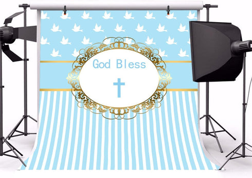 Yeele 4x4ft Cross God Bless Backdrops for Photography, Infant Baptism Peace Pigeon Blue Stripes Background for Baby