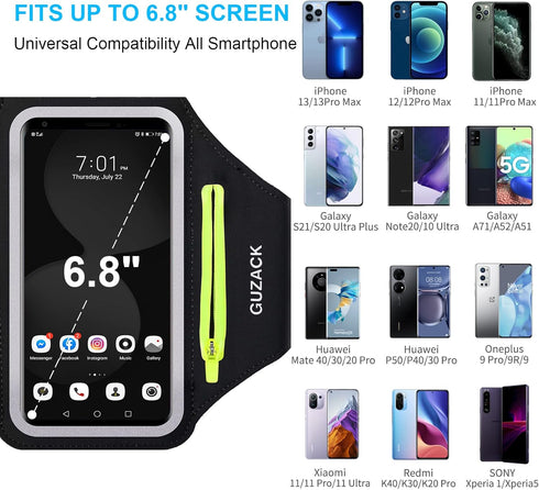GUZACK Running Armband for iPhone 16 Pro 15 14 13 12 11 Pro Max/Plus/XR/XS, Galaxy S25/S24/S23/S22 with Card Slot & Key