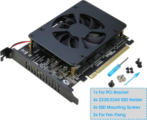 Quad NVMe PCIe Adapter, RIITOP 4 Ports M.2 NVMe SSD to PCI-e 4.0/3.0 x16 Card with Fan Support