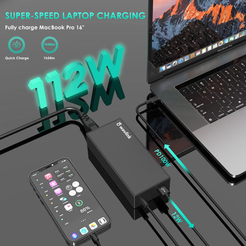USB C Laptop Charger 100W AC Power Adapter with 12W USB A Output for MacBook, ASUS, Huawei, Lenovo, HP, Dell, Samsung