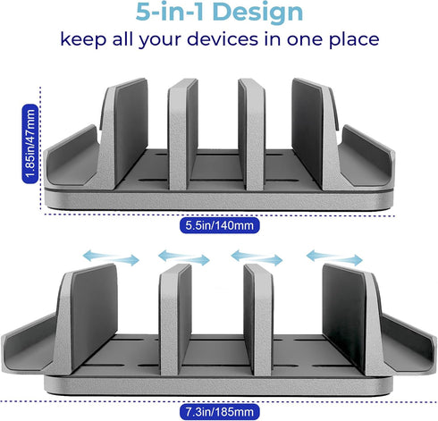 Vertical Laptop Stand Holder, 5 Slots, Aluminum Space-Saving Dock, Adjustable Size for Apple