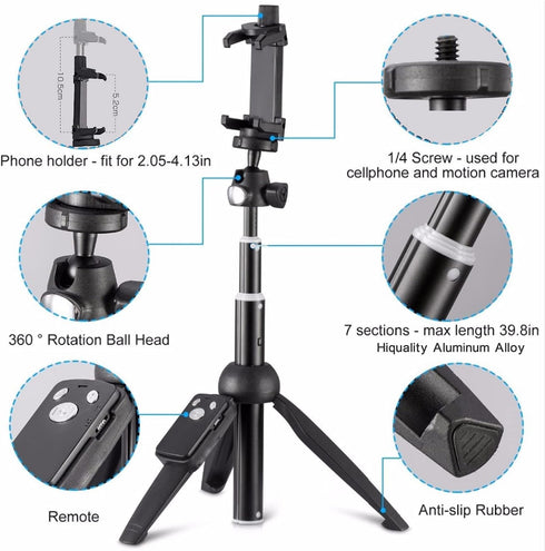Tripod Monopod Selfie Stick 40 Inch with Wireless Remote Control, Phone Clip Holder for iPhone 15/14/13/12/11 Pro Max,