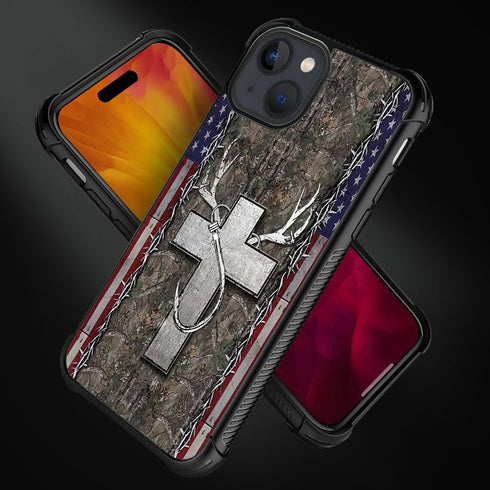 DJSOK Shockproof Case for iPhone 15 Plus, American Flag Antlers Design with Soft TPU Bumper and Hard PC Back