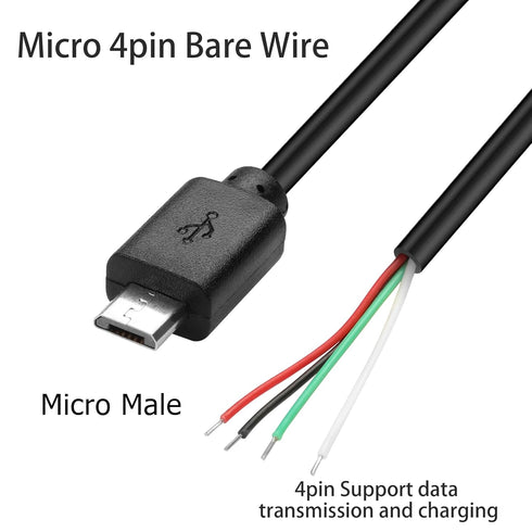 YAODHAOD Micro USB Male 4 Pin Bare Wire, 5V 2A Micro USB Pigtail Power Cable for DIY Replacement Repair (5PCS)