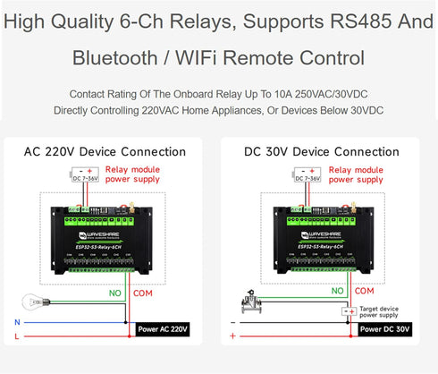 Industrial 6-Channel WiFi Relay Module ESP32-S3, Supports WiFi/Bluetooth/RS485 Remote Control, Built-in Power