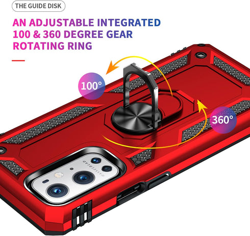 Military Grade Shockproof Case for Oneplus 9 Pro, 360 Metal Rotating Ring Kickstand Holder, Heavy Duty Red