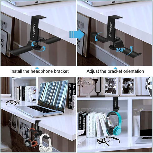 aceyoon Headphone Stand, Under Desk Hanger, Dual Headset Holder, Table Hook for Bag/Backpack/Gaming Headphone, 360