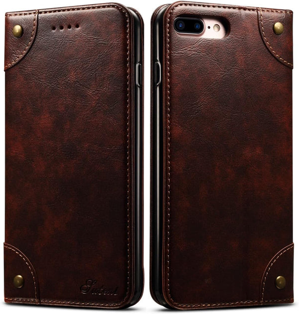 SINIANL iPhone 8 Plus / 7 Plus Leather Wallet Folio Case, Magnetic Closure, Flip Cover, Brown