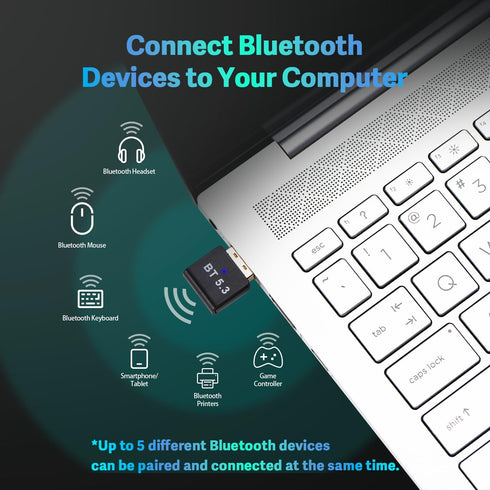 Latest Bluetooth 5.3 USB Adapter for PC, Wireless Transmitter Dongle for Windows 11/10/8.1/7, Plug & Play
