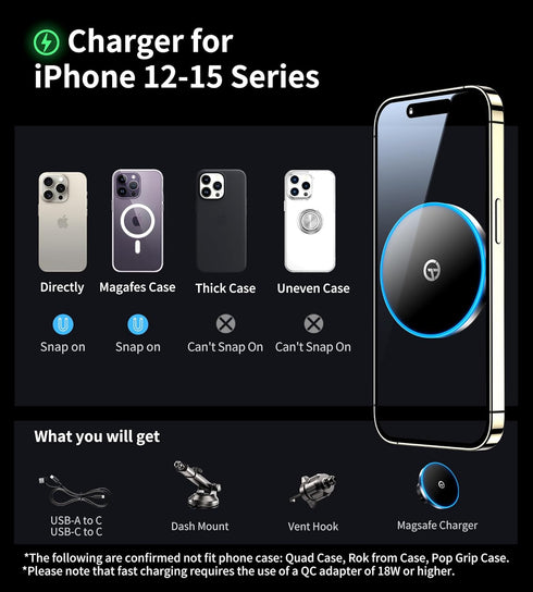 MagSafe Car Mount Charger - Wireless Car Charger with LED Light for Night Align, Strong Magnetic Holder