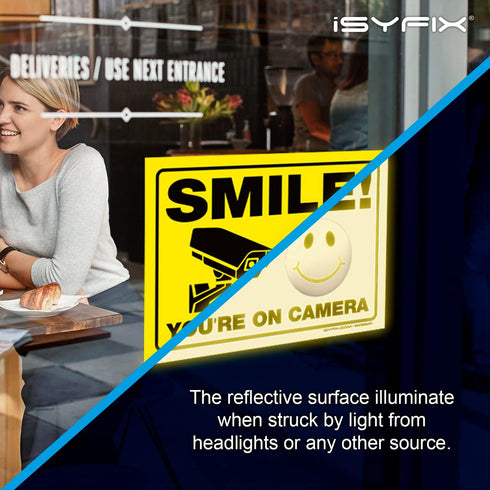 iSYFIX Smile You're on Camera Reflective Stickers for Business - 2 Pack 14x10 Inch - UV Protection, Fade Resistance