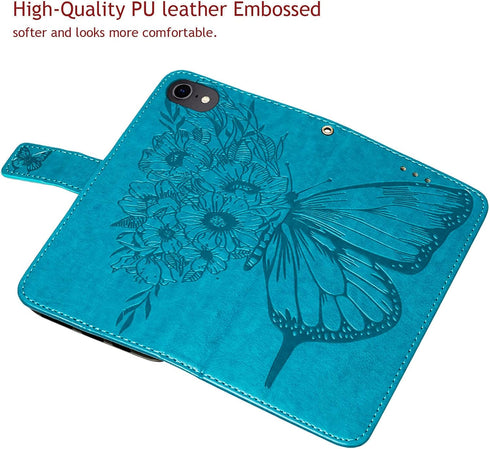 iPhone SE 2022/SE 2020 Case, 6/6S/7/8 Wallet Case | Butterfly Floral Embossed Leather Protective Flip Cover with Card