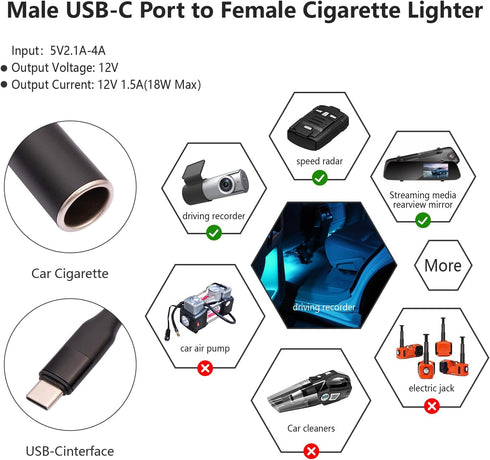 USB C Male to 12V Car Cigarette Lighter Socket Female Converter Cable, 1 Feet, 18W Adapter for Dash Cam, GPS