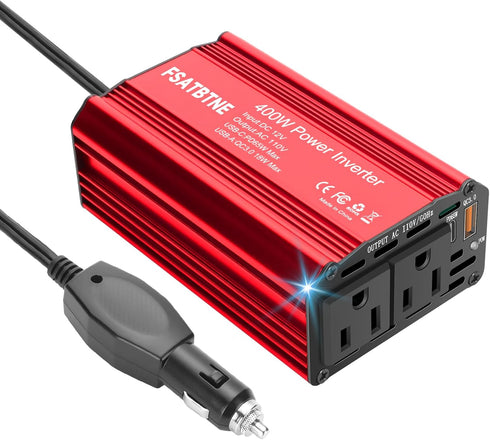 FSATBTNE 400W Power Inverter, DC 12V to 110V AC Car Plug Adapter with Fast Charging Ports and 2 AC Outlets