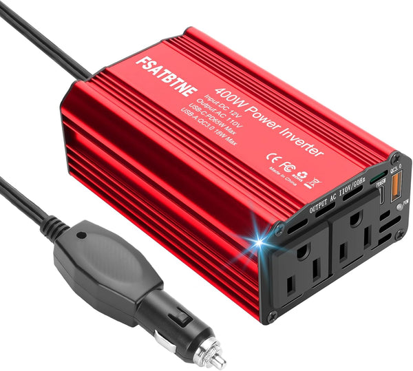 FSATBTNE 400W Power Inverter, DC 12V to 110V AC Car Plug Adapter with Fast Charging Ports and 2 AC Outlets