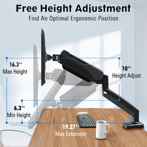 MOUNTUP Single Monitor Desk Mount, Adjustable Gas Spring Arm for Max 32 Inch Screen, VESA Mount Bracket, Black