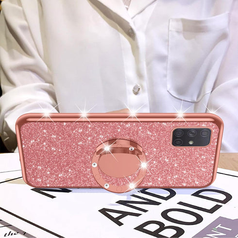 nancheng Cute Girls Women Glitter Silicone Phone Case for Samsung Galaxy A71 5G with Ring Stand Strap Lanyard - Rose