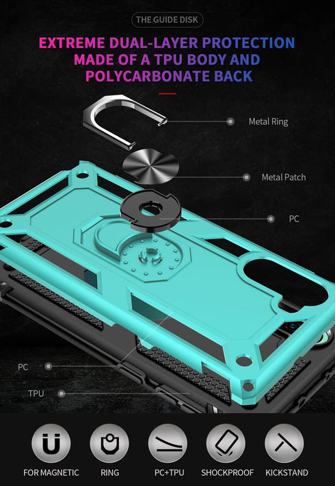 Samsung Galaxy Note 10 Case with HD Screen Protectors, Military-Grade Metal Ring Holder, Shockproof Cover Green