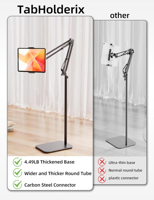 TabHolderix 4.5LB Tablet Floor Stand with Heavy Metal Base,Overhead Bed Phone Stand Angle Height Adjustable Holder