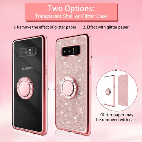 Cute Bling Glitter Phone Case for Samsung Galaxy Note 8, Shockproof 2-Layer Protective Cover with Ring Stand & Lanyard