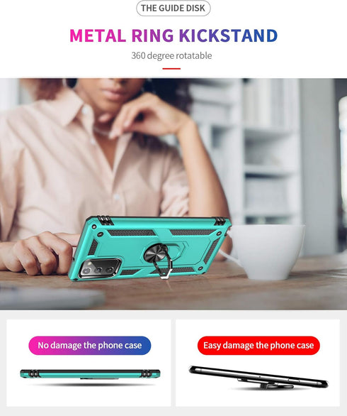 for Samsung Galaxy Note 20 Case, Note20 5G with HD Screen Protectors, Military-Grade Metal Ring Holder Kickstand, Teal