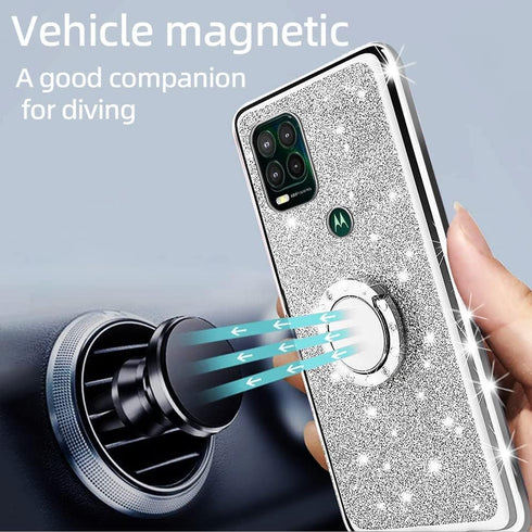 for Moto G Stylus 5G Case (2021), Cute Luxury Glitter Silicone TPU Phone Case with Kickstand, Silver