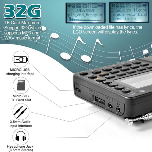 ZHIWHIS Portable Bluetooth Radio, Rechargeable Digital Recorder, FM AM Shortwave, Stereo MP3 Player with Lyric Display