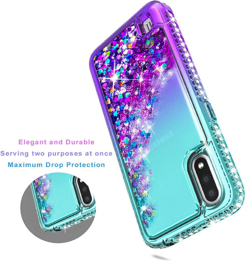 STARSHOP Compatible with Samsung Galaxy A01 Phone Case, Liquid Floating Glitter Quicksand Bling Cover with Tempered