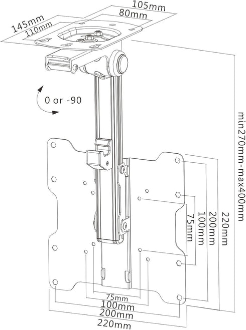 InstallerParts Folding TV Ceiling Mount, for 17 to 37 inch Flat Screen Display, Adjustable, Black