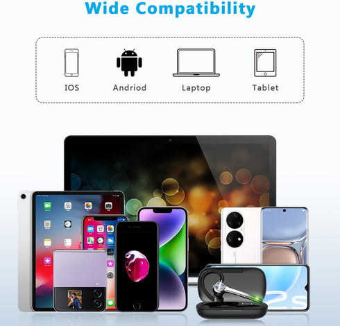 Bluetooth Headset, Wireless Earpiece with 500mAh Charging Case, 72 Hours Talking Time, Built-in Microphone for