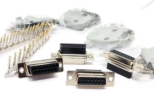 4 Sets Crimp Type DB15 Female + Plastic Hoods + Pins Set, D-Sub 15P Female Crimp Connector, Pin & Hood Kit