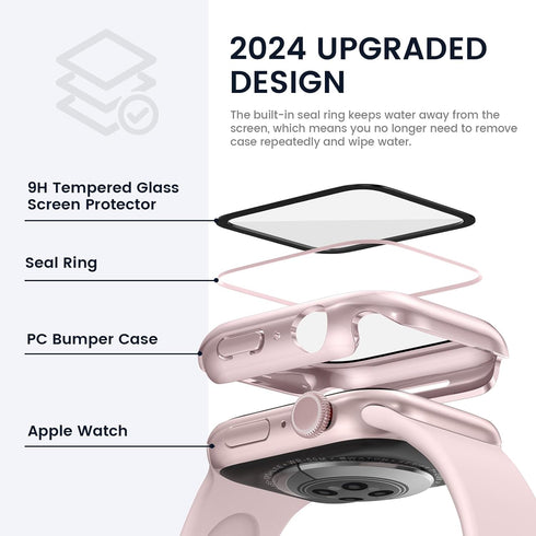 Tensea Waterproof Screen Protector Case for Apple Watch Series 9 8 7, 41mm, iWatch Protective PC Face Cover with