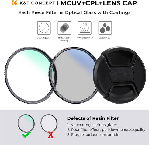 K&F Concept 82mm UV CPL Lens Cap Filters Kit, Multi-Coated MCUV, Circular Polarizer, Lens Cover, Cleaning Cloths