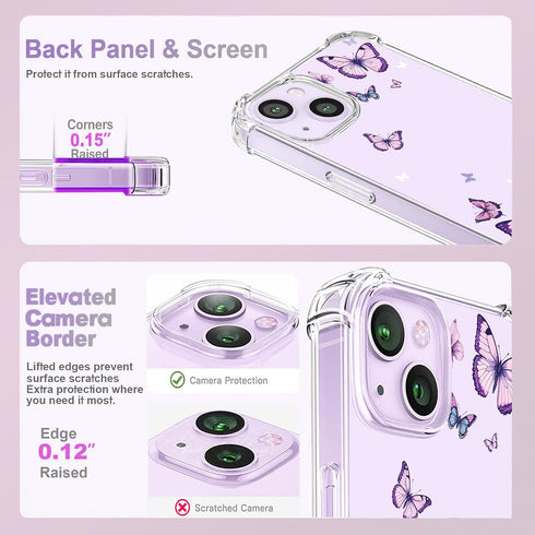 Crystal Phone Case for iPhone 13(2021)/iPhone 14(2022) 6.1", Alluring Purple Butterfly Soft Shockproof Clear Protective