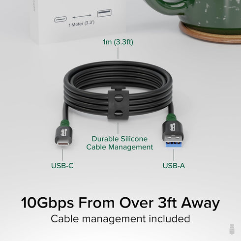 Plugable USB C to USB A Cable, USB 3.2 Gen 2 USB Cables, 3A (15W) Charging USB C Data Cable 10Gbps for iPhone 15, iPad, Samsung Galaxy, Tablets, Laptops, 3.3 Ft with Cable Management Strap (USBC-A1M)