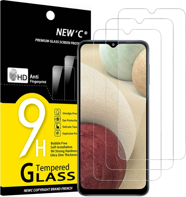 NEW'C 3 Pack Tempered Glass Screen Protector for Samsung Galaxy A12 & A02s - Case Friendly, Anti-Scratch, Bubble Free.