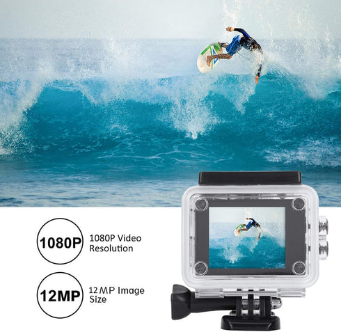 ASHATA A7 1080P 2.0in 30m 140 900mAh Action Camera Camcorder, HD, Screen, Waterproof, Wide Angle, Battery, Black